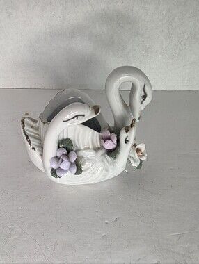 Vintage Swan with 2 Babies Porcelain Trinket Dish w/Flowers